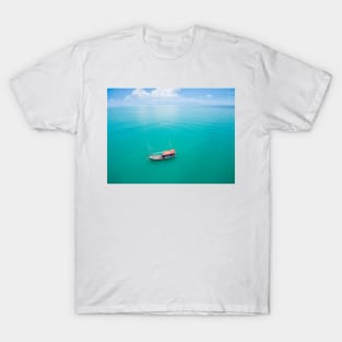 Aerial view of fishing boat on emerald sea T-Shirt